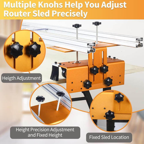 Slab Flattening Router Sled, 58 Inch Adjustable Planing Jig For Woodworking, pro-grade orange leveling tool with adjustment knobs.
