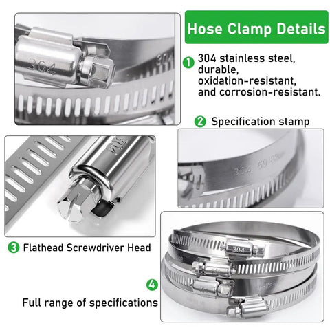 Close-up details of the 210 Piece Stainless Steel Worm Gear Hose Clamp Set With Sizes From One Quarter Inch To Two Inches 6mm to 51mm
