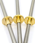 Top Shelf T16 Lead Screw Paired With Beefy Brass Nut For 3D Printers And Cnc Rigs, showcasing polished brass nuts and stainless steel rods.