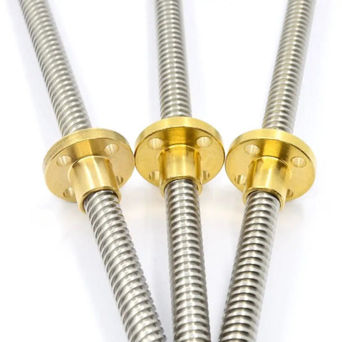Top Shelf T16 Lead Screw Paired With Beefy Brass Nut For 3D Printers And Cnc Rigs, showcasing polished brass nuts and stainless steel rods.