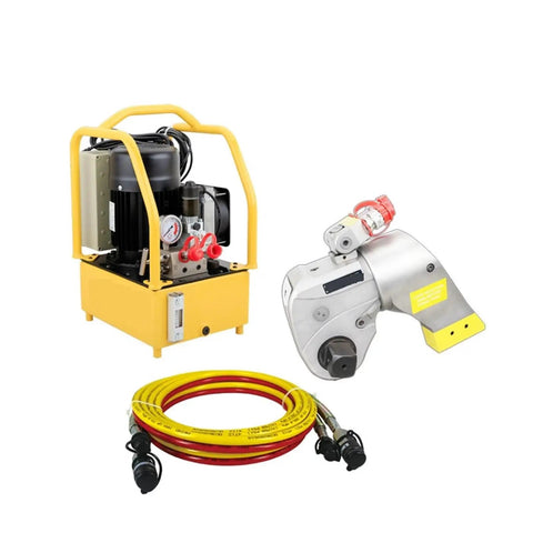Heavy Duty Hydraulic Torque Wrench 20MXTA 700 Bar Square Drive Tool Built Tough With Anti Backlash Engineering And 360 Degree Rotating Couplings For Quick Light Weight Work On Any Shop Floor with hydraulic pump and hoses.