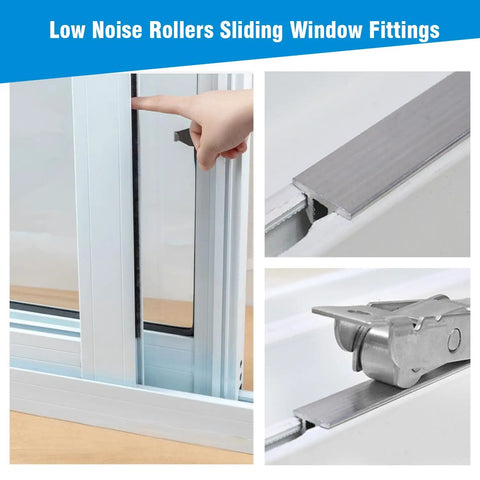 Heavy Duty Sliding Door Roller Replacement Kit Built With Rust Proof Stainless Steel Patio Door Wheels and Smooth As Slick Gliding Action For Interior Bathrooms Or Exterior Track Systems 4 Pack Set finger pointing at sliding window fitting