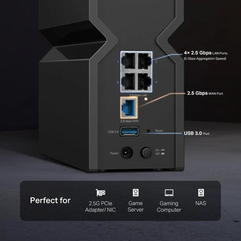 Back view of Tri Band WiFi 7 Router With Archer BE550 Core showing 2.5G WAN/LAN ports and USB 3.0, labeled for connectivity uses.