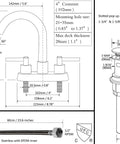 Technical diagram of Brushed Gold 4 Inch Centerset Bathroom Faucet With Two Handles For 3 Hole Lavatory Vanity Sink Overflow Pop Up Drain CUPC Water Supply Lines Spot Resist Finish Lead Free Stainless Steel No Fuss Renovation Kit.