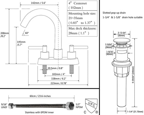 Technical diagram of Brushed Gold 4 Inch Centerset Bathroom Faucet With Two Handles For 3 Hole Lavatory Vanity Sink Overflow Pop Up Drain CUPC Water Supply Lines Spot Resist Finish Lead Free Stainless Steel No Fuss Renovation Kit.