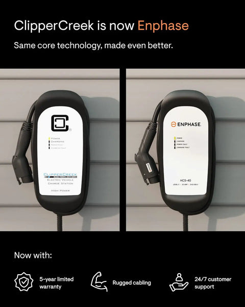 Dual 32 Amp Level 2 EV Charger With 240V 7.7 KW Output, NEMA 14 50 Plug, showing ClipperCreek and Enphase branding on two models