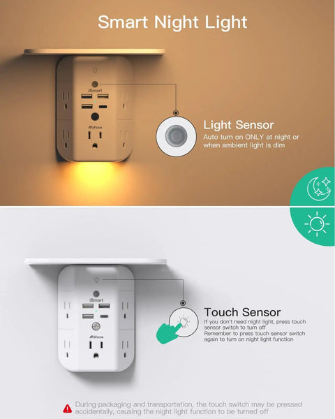 Wall Outlet Extender With Shelf And Night Light Surge Protector And Wall Mount Power Strip Featuring 5 AC Outlets 3 USB A Ports.