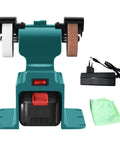 Heavy Duty 8 Inch Bench Grinder With 6000 RPM Motor And Dual Coarse Fine Wheels for sharpening, includes power adapter and cloth.