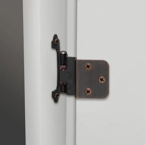 3/8 Inch Kitchen Inset Cabinet Door Hinge Self Closing Oil Rubbed Bronze visible on white cabinet door.