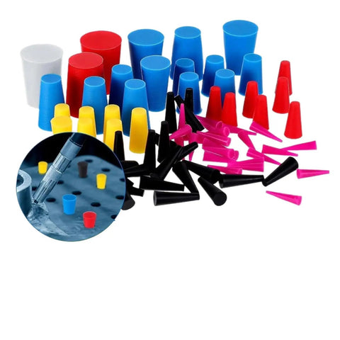 Super Tough High Temp Silicone Rubber Tapered Plugs Kit With Conical Hole Stoppers For Sealing, Cracking Resistant And Heat Proof Stopper Solution That Fits Like A Charm. 42pcs assorted tapered silicone plugs for hole sealing