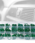 Front view of green nitrile O-rings organized in a clear 270-piece storage box with compartments.