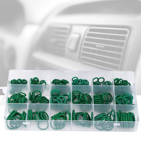 Front view of green nitrile O-rings organized in a clear 270-piece storage box with compartments.