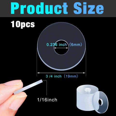 Clear Vinyl Shower Door Handle Washers 10 Pack Heavy Duty Spacers For Glass Doors And Towel Bars Built Different No Fuss Quick Install Top Shelf Quality Guaranteed, showing size dimensions and 10 eco-friendly washers.