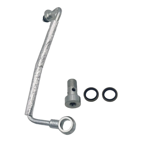 Four Pack Plug N Play Turbo Oil Return Drain Line And Oil Feed Pipe Kit For Chevy Cruze Sonic Trax And Buick Encore One Point Four Liter 2011 Through 2021 Replacement For Part Numbers 25198546 55592600 55568031 showing a silver pipe with fittings