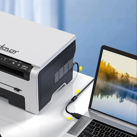 Heavy Duty 10 Ft Usb A To Type B Printer Cable Bringing Dead Simple Hookups With No Nonsense Reliability And Smooth 480Mbps Data Transfer For Every Printing Station On The Block Black Cord connecting printer and laptop.