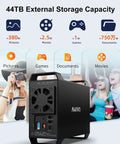 No Sweat Dual Bay Raid Enclosure For 3.5 Inch SATA Hard Drives With Chill Cooling Fan showing 44TB capacity for pictures, games, and documents.