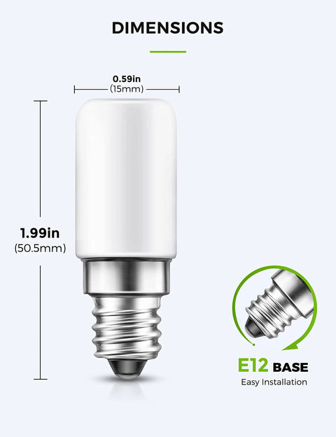 C7 S6 Mini LED Night Light Bulb 1.5W 15W Equivalent, E12 Candelabra Base, dimensions and easy installation features shown