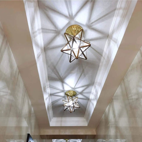 Clear Glass Moravian Star Tiffany Style Semi Flush Mount Ceiling Fixture 12 Inch casting stained glass glow on ceiling.