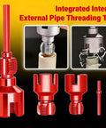 4 In 1 Universal Water Pipe Wrench With Threader Set For 1/2 3/4 And 1 Inch Pipes showing integrated threading tools in red.
