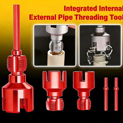 4 In 1 Universal Water Pipe Wrench With Threader Set For 1/2 3/4 And 1 Inch Pipes showing integrated threading tools in red.