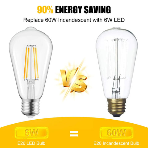 Comparison of 6W LED Edison bulb with E26 base and 60W incandescent bulb, highlighting energy saving advantage.