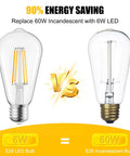 Comparison of 12 Pack LED Edison Filament Bulbs 6W 750 Lumens Equivalent To 60W 2700K Warm White and 60W incandescent bulb