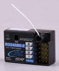 4-Channel SBus2 Telemetry Receiver For T-FHSS R334SBS-E with antenna showing ports and switches