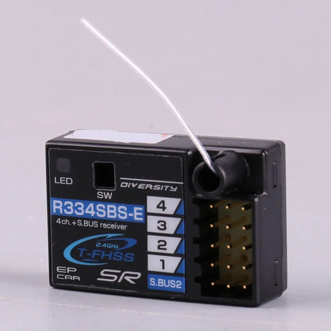 4-Channel SBus2 Telemetry Receiver For T-FHSS R334SBS-E with antenna showing ports and switches