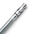 Close-up of a Quarter Inch By Four Inch Heavy Duty Zinc Wedge Anchor for Concrete, showing detail of zinc coating and wedge design.