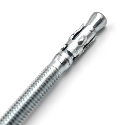 Close-up of a Quarter Inch By Four Inch Heavy Duty Zinc Wedge Anchor for Concrete, showing detail of zinc coating and wedge design.