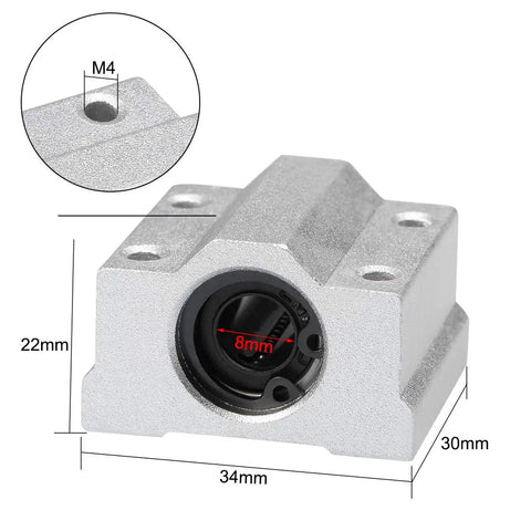 Heavy Duty Linear Ball Bearing Slide Block Units With Eight Millimeter Bore Shaft And Aluminum Alloy Housing Runs Like Butter For CNC Routers And Auto Shop Mods Pack Of Two close-up view with dimensions and steel core.