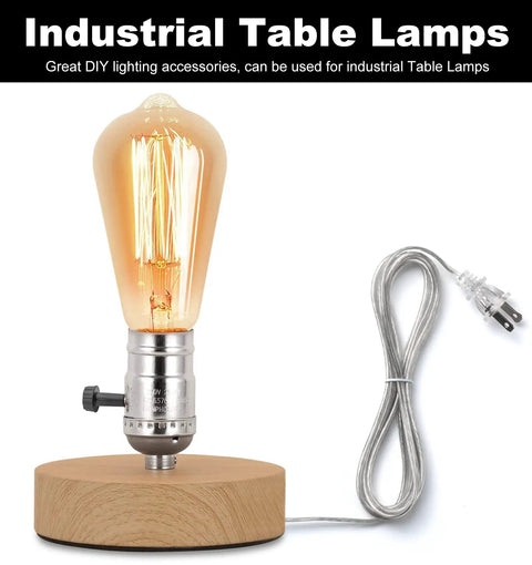 DIY Lamp Wiring Kit With 3 Way Socket, 12 Ft Cord, Hardware Pack And Table Lamp Repair Parts on wooden base, silver finish