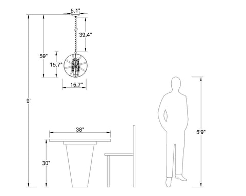 Four Lights Crystal Cage Chandelier dimensions with 15.7 in diameter and 59 in height, shown next to a table and person for scale.