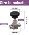 Napredak gas needle valve, front view, 1/4 NPT female to 1/4 NPT male, stainless steel with black knob