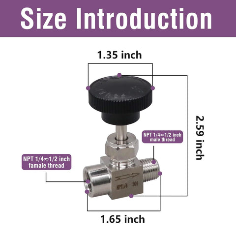 Napredak gas needle valve, front view, 1/4 NPT female to 1/4 NPT male, stainless steel with black knob