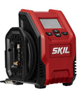 12V Digital Tire Inflator With Real Time Psi Gauge And Auto Shutoff, compact red air pump with digital display and hose storage.