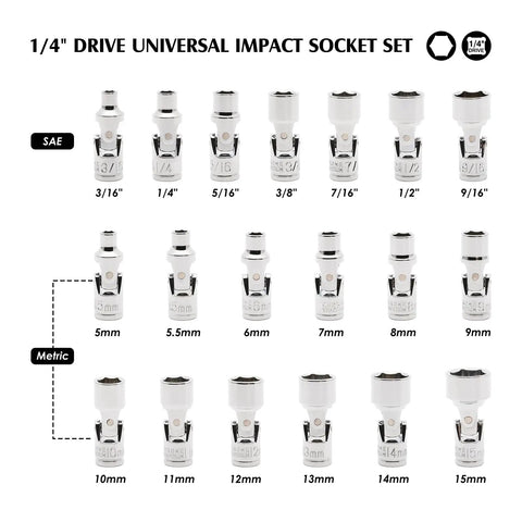 Nineteen Piece Quarter Inch Drive Universal Joint Socket Set With Swivel Wobble, Six Point, SAE And Metric, Chrome Vanadium CR-V Steel