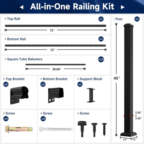 Modular Aluminum Deck Railing Kit components, including post, brackets, rail, and balusters for deck safety.