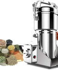 Electric Grain Crusher High Speed Grinder 1400W Pulverizer Mill alongside various grains and spices on a white background.