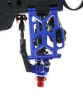 Beefed Up Metal C Hub Carriers And Caster Blocks Compatible With 1/8 And 1/10 Scale Rc Cars Rock Solid Suspension Upgrade Built Tough For Daily Trail Beating And Hard Riding Blue Performance Parts close-up view of blue metal carrier with red accents