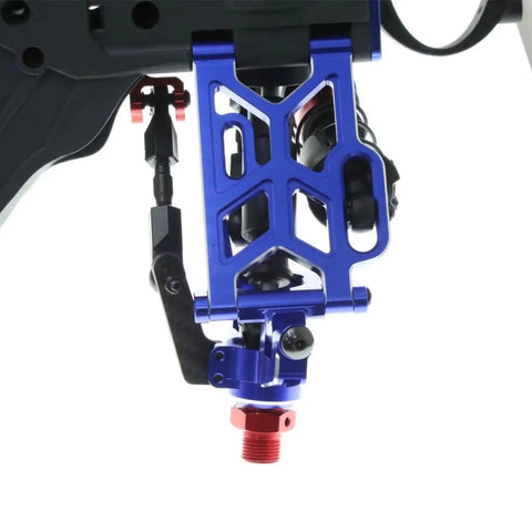 Beefed Up Metal C Hub Carriers And Caster Blocks Compatible With 1/8 And 1/10 Scale Rc Cars Rock Solid Suspension Upgrade Built Tough For Daily Trail Beating And Hard Riding Blue Performance Parts close-up view of blue metal carrier with red accents
