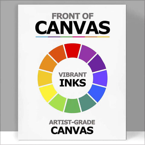 Front of artist-grade canvas with vibrant inks color wheel display.