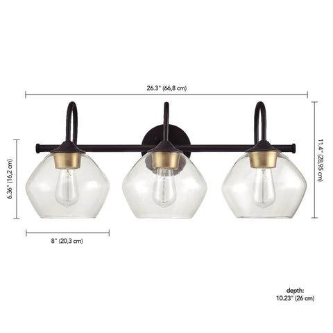 Lofty Chic Three Light Vanity Light In Dark Bronze With Clear Glass Shades And Antique Brass Accents For Dope Modern Bathrooms Over Mirror Makeup Vanity Lighting Bedroom Bath Decor with dimensions.