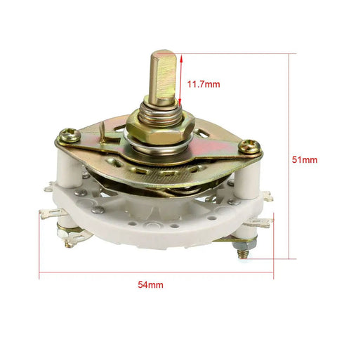 2 Pole 2 Position Band Selector Rotary Switch With Knob, 1 Deck, 6mm Shaft, 9.7mm Mount Hole, 6 Pins, side view with dimensions