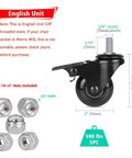 Illustration of two inch swivel caster wheels with three eighths inch 16 UNC threaded stem for carts showing dimensions and nuts included