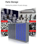 60-Drawer Tool Parts Storage Cabinet Organizer With Steel And Plastic Drawers For Hardware And Craft Projects, Repair Tool Organizer Unit No Door Front, Heavy Duty Workshop Storage, 21 By 9 By 35 Inches with labeled drawers and metal components shown.