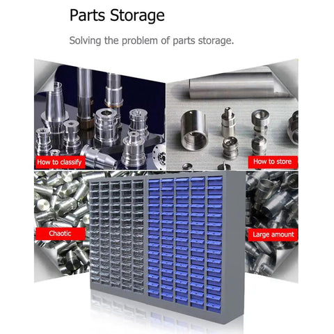 60-Drawer Tool Parts Storage Cabinet Organizer With Steel And Plastic Drawers For Hardware And Craft Projects, Repair Tool Organizer Unit No Door Front, Heavy Duty Workshop Storage, 21 By 9 By 35 Inches with labeled drawers and metal components shown.