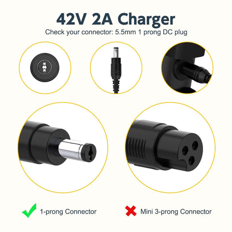 42V 2A Adjustable Ebike Charger For 36V Lithium Ion Batteries, 84W Max, Universal 100 To 240VAC Input At 50/60Hz, 5.5 By 2.1 mm DC Plug, Supports 2A 1.5A 1A And 0.5A Settings, Safe Overload Protection For Common 36V E Bikes No Fuss Setup