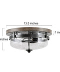 Farmhouse Flush Mount Ceiling Light With Faux Wood Finish And Seeded Glass Shade Vintage Candle Style Fixture, dimensions shown