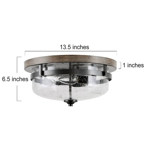 Farmhouse Flush Mount Ceiling Light With Faux Wood Finish And Seeded Glass Shade Vintage Candle Style Fixture, dimensions shown